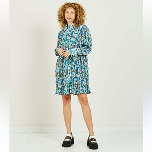 Ganni NWOT pleated Georgette wide mini shirt dress floral azure blue